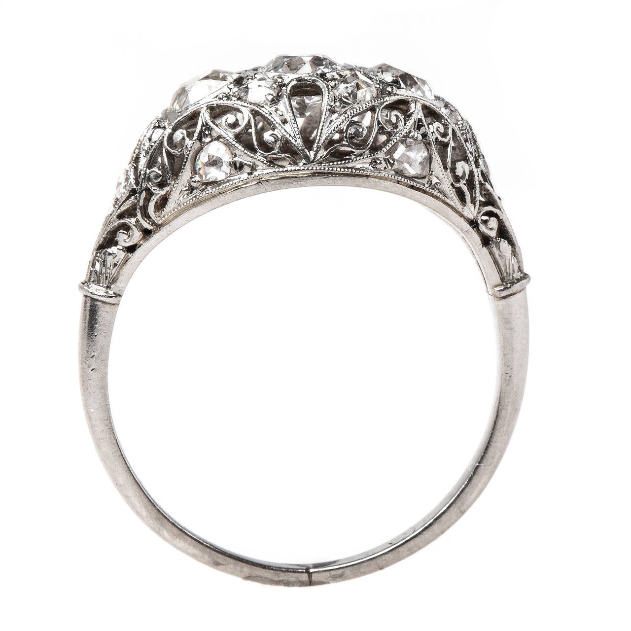 Elegant Edwardian Diamond Platinum Three-Stone Engagement Ring For Sale 1