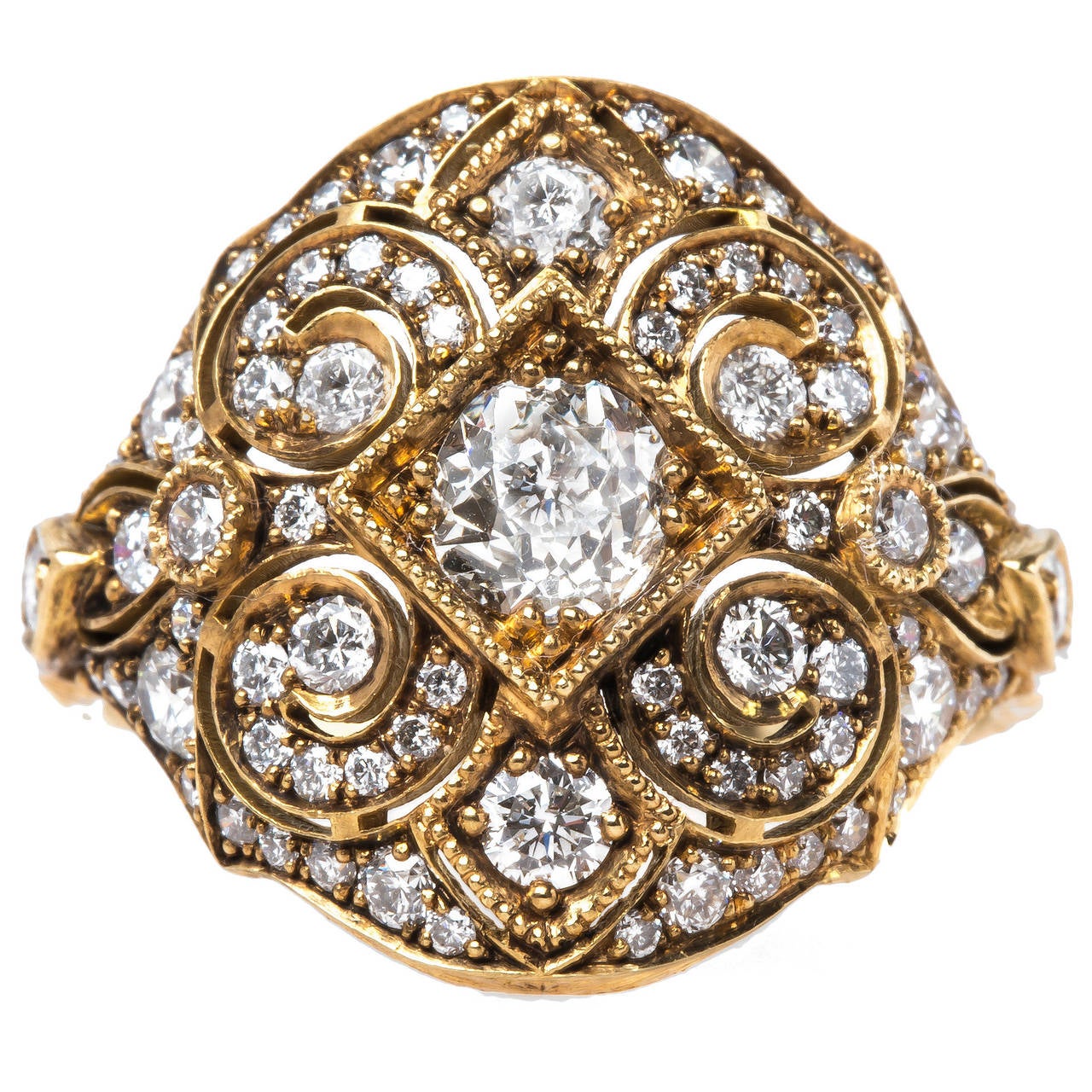 Extraordinary Diamond Gold Scrolling Motif Bombe Ring For Sale