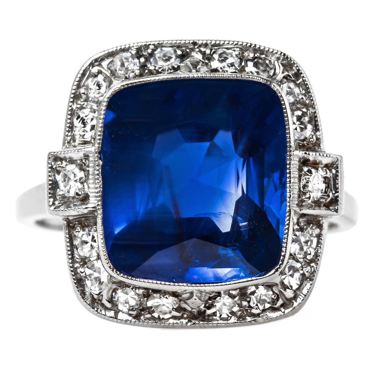 Late Art Deco GIA Cert 6.82 Carat Unheated Sapphire Diamond Gold Ring For Sale