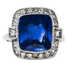 Late Art Deco GIA Cert 6.82 Carat Unheated Sapphire Diamond Gold Ring