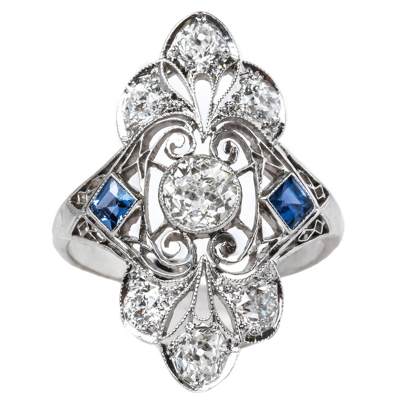 Ornate Edwardian Sapphire Diamond Gold Platinum Navette Ring