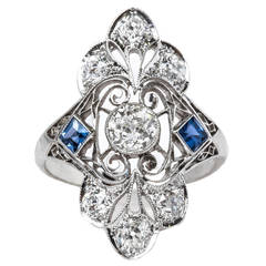 Ornate Edwardian Sapphire Diamond Gold Platinum Navette Ring