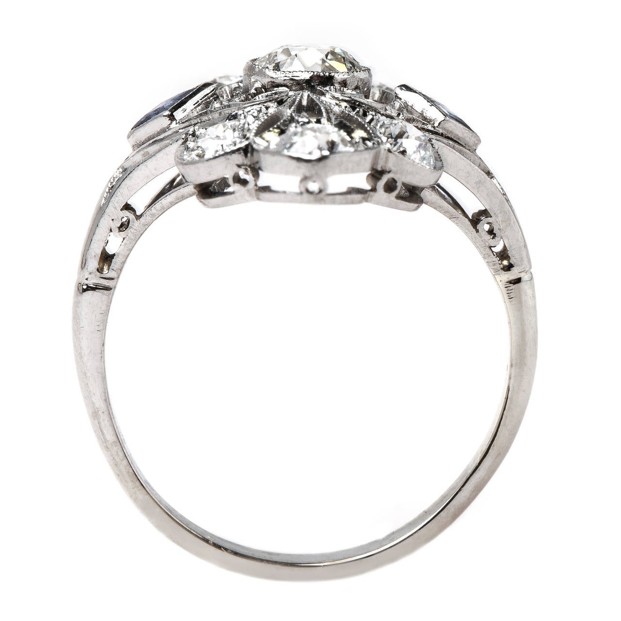 Ornate Edwardian Sapphire Diamond Gold Platinum Navette Ring 1