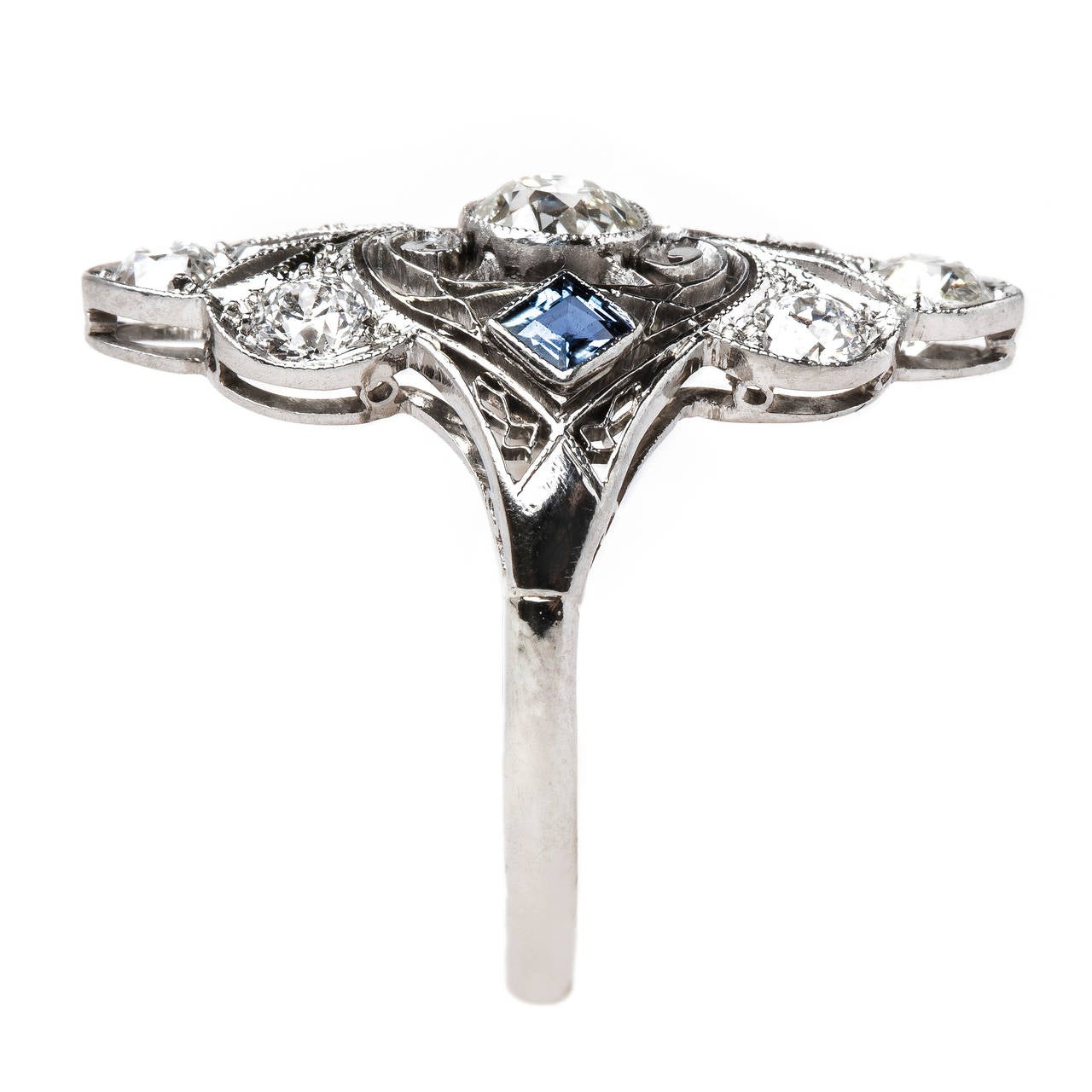 Women's Ornate Edwardian Sapphire Diamond Gold Platinum Navette Ring