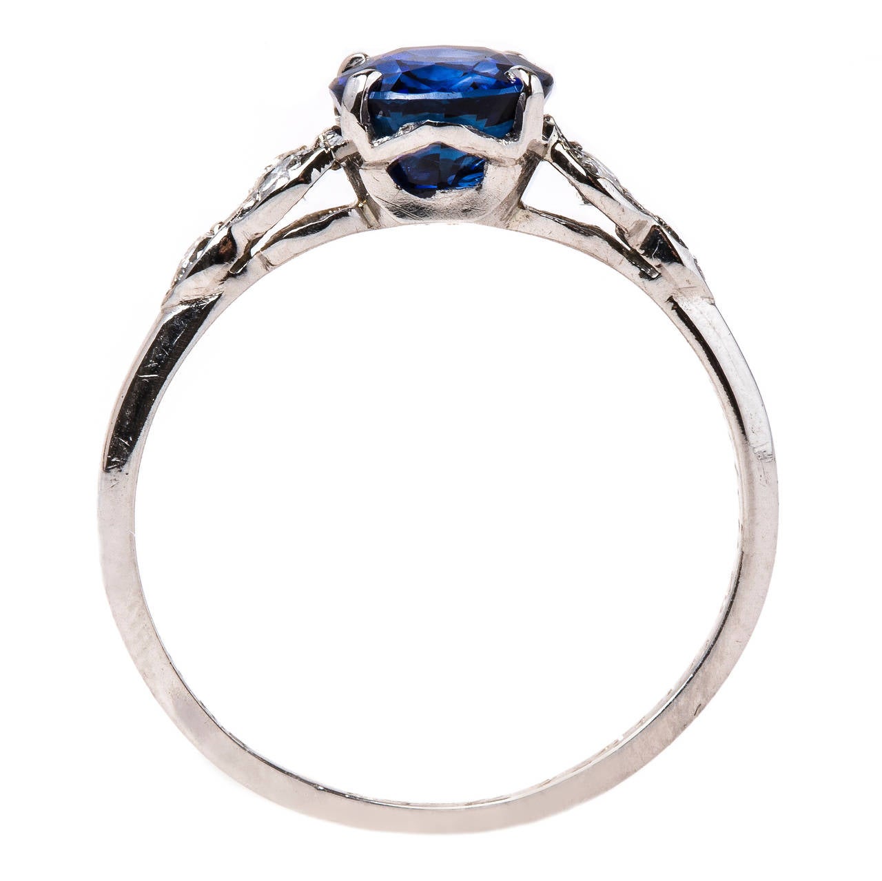 Dreamy Sapphire Diamond Platinum Petal Motif Engagement Ring In Excellent Condition In Los Angeles, CA