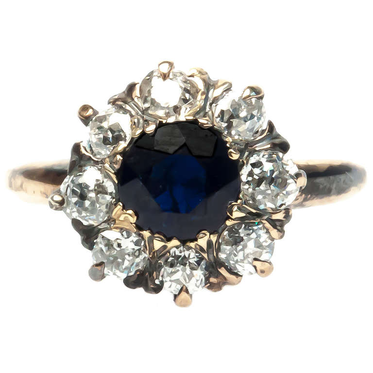 Romantic Victorian Sapphire & Diamond Halo Engagement Ring