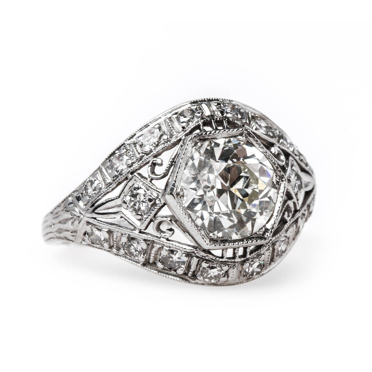 Beautiful Art Deco Diamond Platinum Bombe Style Engagement Ring