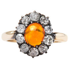 Antique Stunning Victorian Fire Opal Old Mine Cut Diamond Halo Cluster Ring