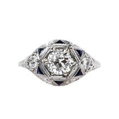 Antique Intricate Art Deco 1.01 Carat Diamond Sapphire Gold Ring