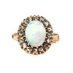 Bold Victorian Cabochon Opal Rose Cut Diamond Halo Gold Ring