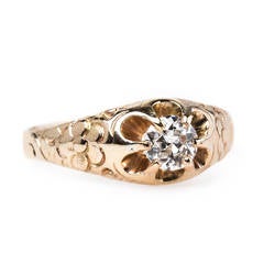 Unique Victorian Diamond Gold Solitaire Engagement Ring with Floral Engraving
