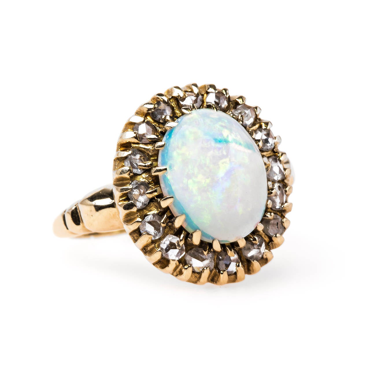 Bold Victorian Cabochon Opal Rose Cut Diamond Halo Gold Ring