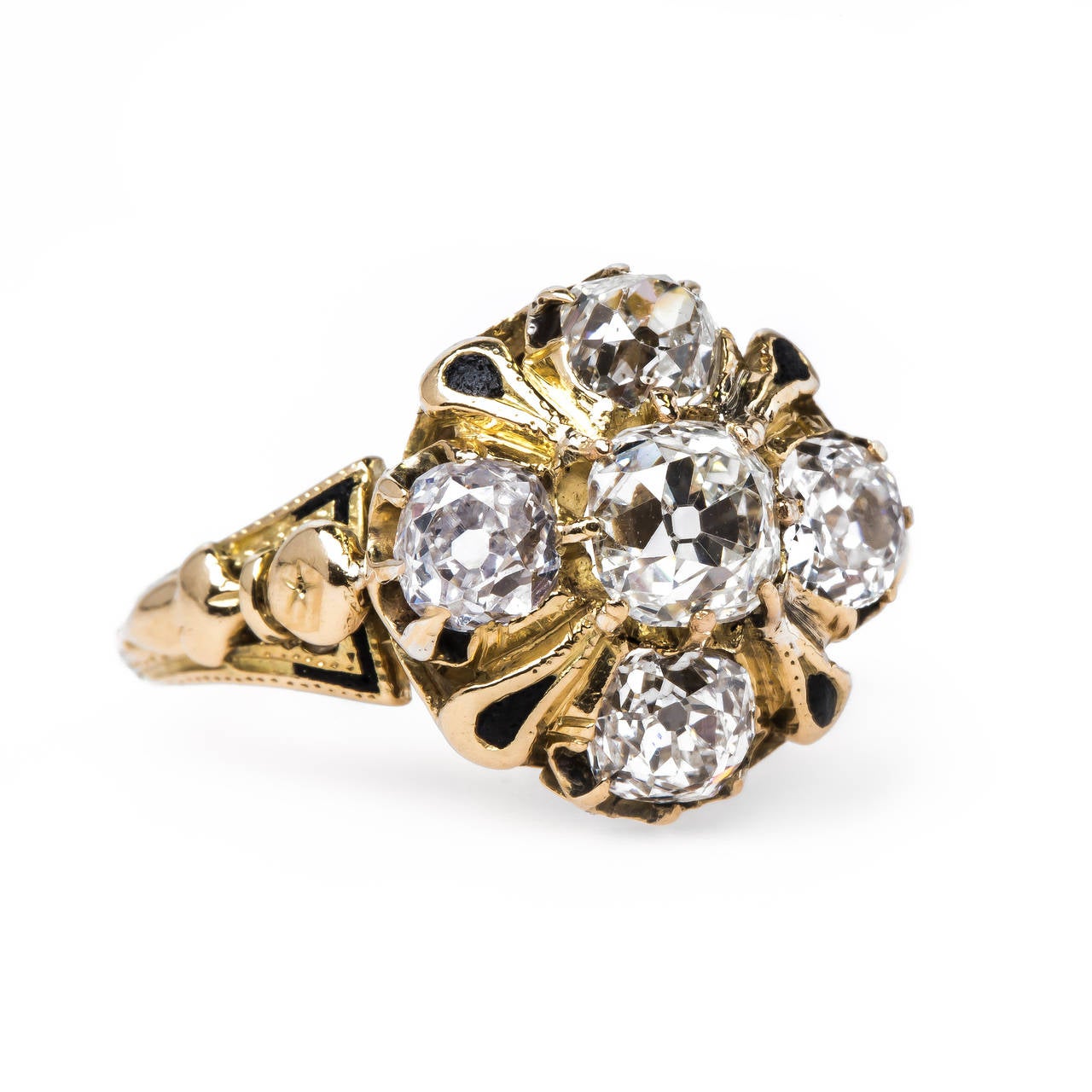 Louvre is a spectacular authentic Victorian era (circa 1880) 14k yellow gold ring centering an eight-prong set 0.80ct EGL certified Old Mine Brilliant Cut diamond graded H color and VS1 clarity. The center diamond is further flanked on the top,