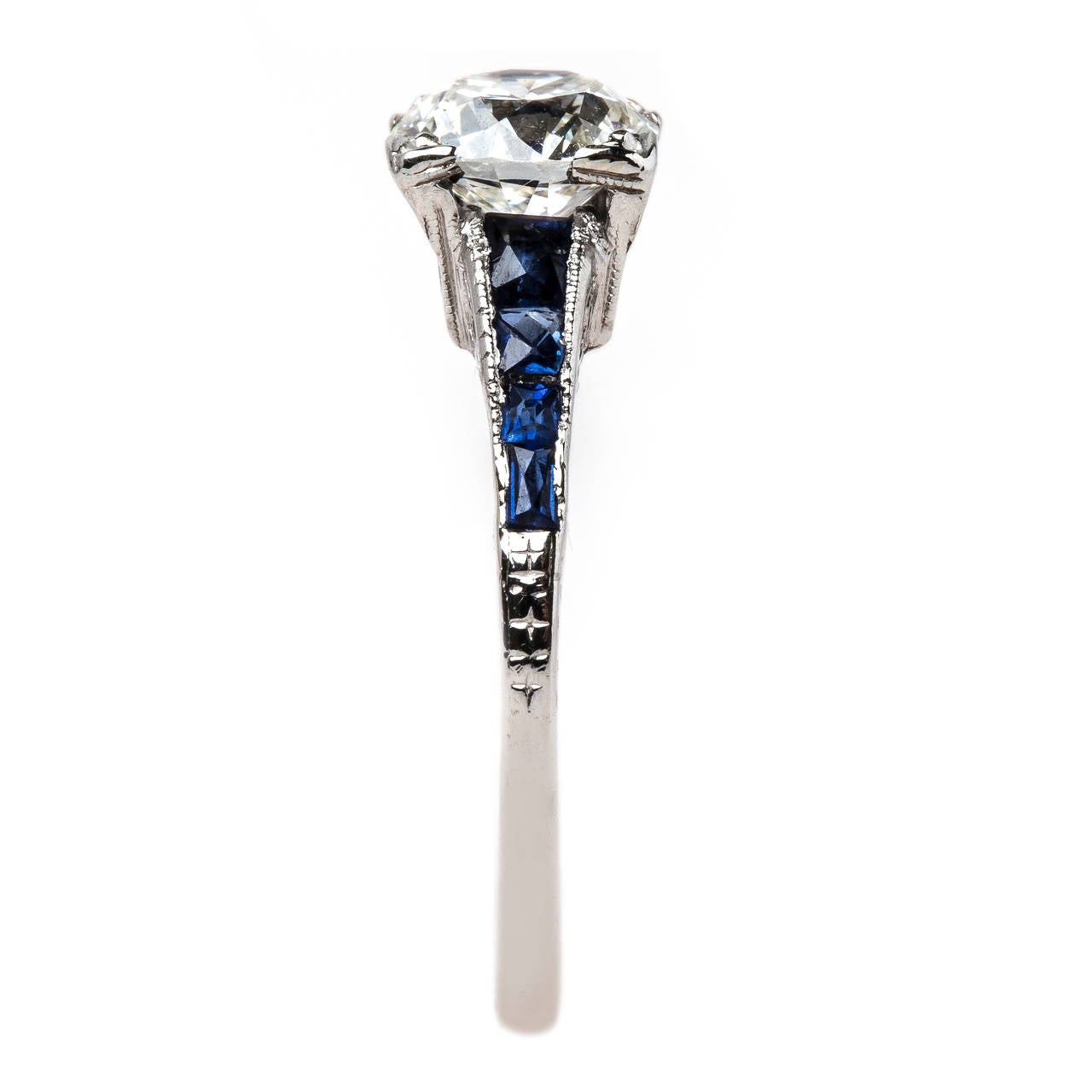 Women's Incredibly Unique Art Deco Ring with Diamond and Sapphire Shoulders