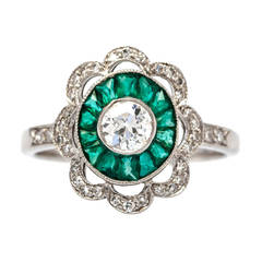 Emerald and Diamond Scalloped Art Deco Engagement Ring