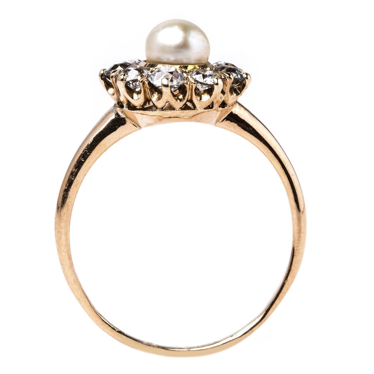 Women's Delicate and Feminine Victorian Era Pearl Ring with Diamond Halo