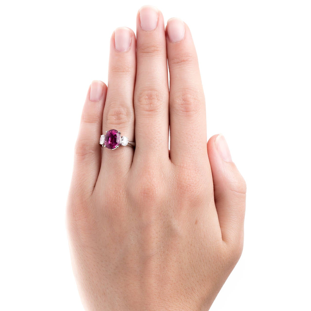 Modern Bright Pink Tourmaline Diamond Platinum Three Stone Ring In Excellent Condition For Sale In Los Angeles, CA