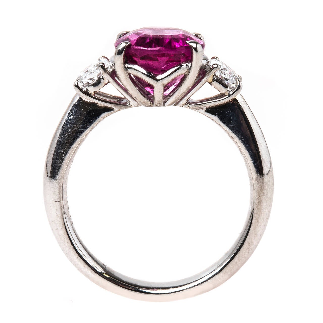 Modern Bright Pink Tourmaline Diamond Platinum Three Stone Ring For Sale 1