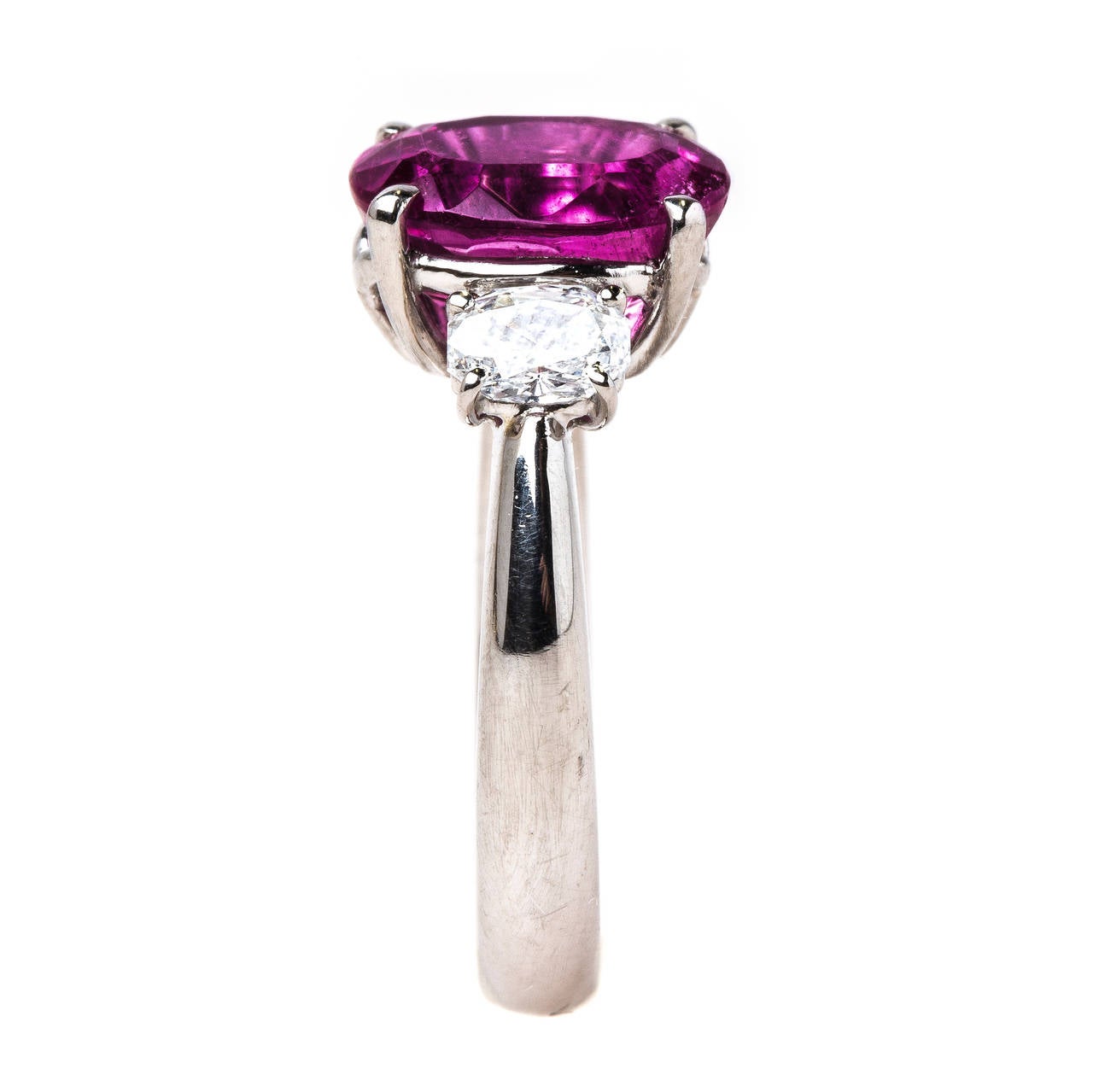 Women's Modern Bright Pink Tourmaline Diamond Platinum Three Stone Ring For Sale