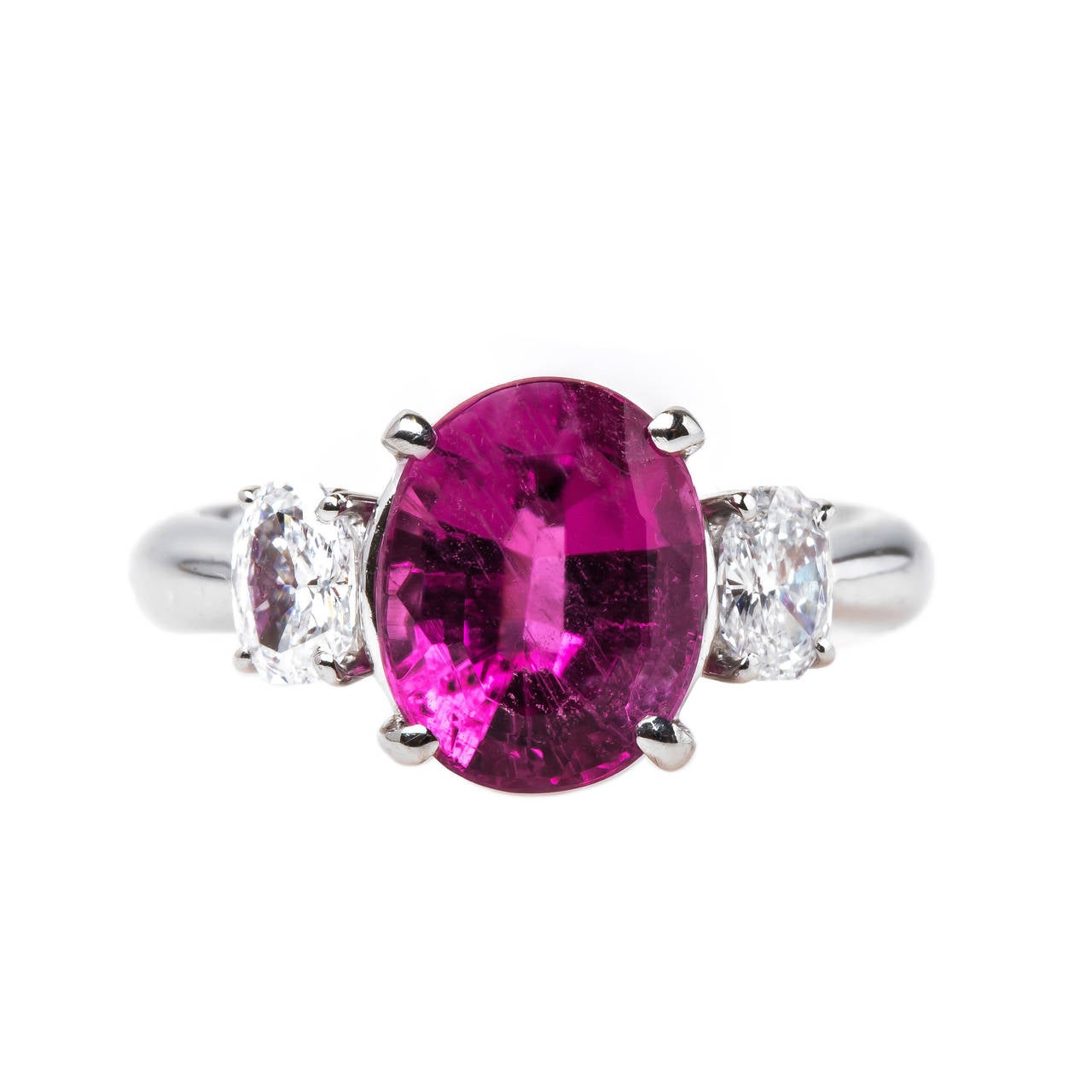 Modern Bright Pink Tourmaline Diamond Platinum Three Stone Ring For Sale