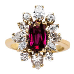 Vintage 1960s Deep Red Sapphire Diamond Halo Gold Ballerina Ring