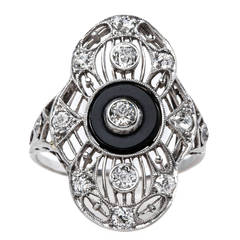 One-of-a-Kind Edwardian Onyx Diamond Platinum Navette Style Ring