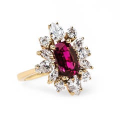 1960s Deep Red Sapphire Diamond Halo Gold Ballerina Ring