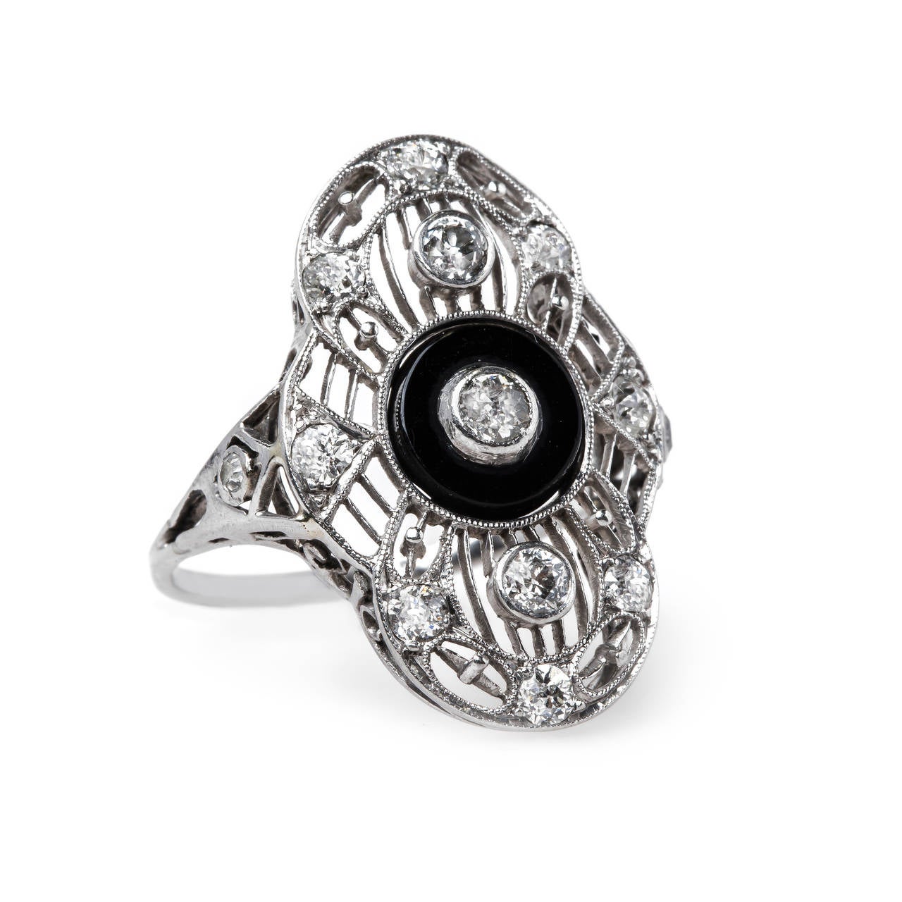 One-of-a-Kind Edwardian Onyx Diamond Platinum Navette Style Ring