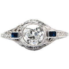 Edwardian .84 Carat Sapphire Diamond White Gold Engagement Ring