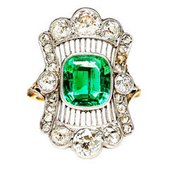 Antique Stunning Edwardian Emerald Diamond Engagement Ring