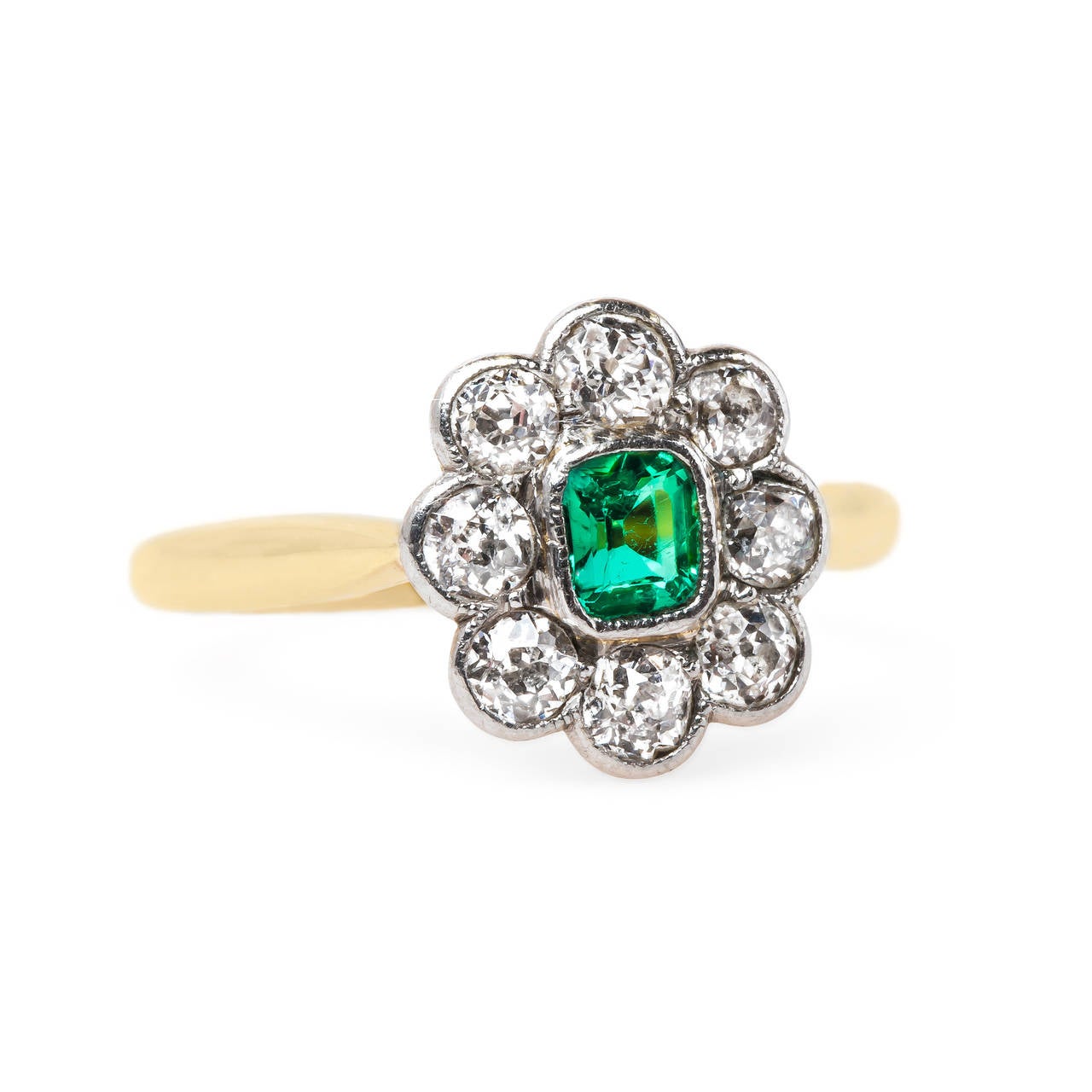 Late Victorian Emerald Diamond Halo Platinum Engagement Ring