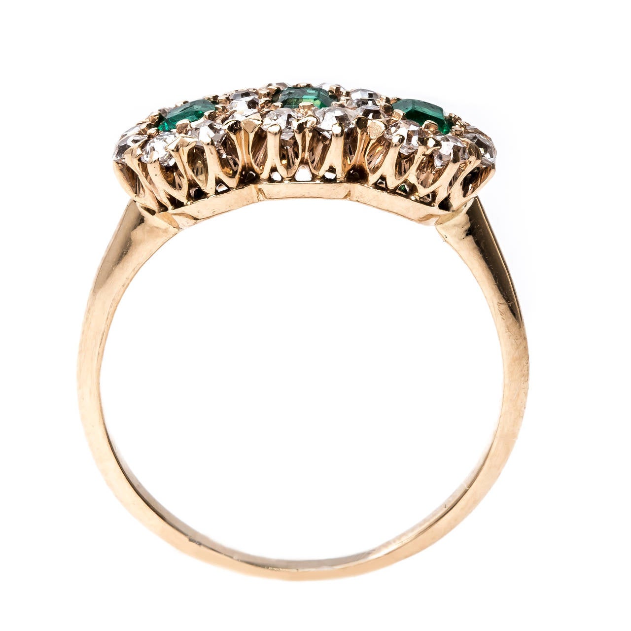 Women's Late Victorian Three Stone Emerald Ring with Diamond Halo