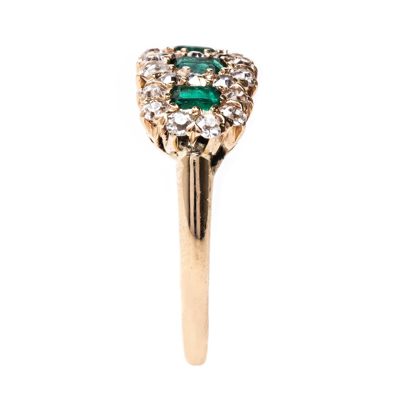 Late Victorian Three Stone Emerald Ring with Diamond Halo 1