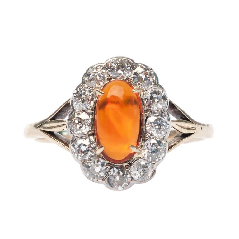 Fire Opal and Diamond Edwardian Ring In Excellent Condition In Los Angeles, CA