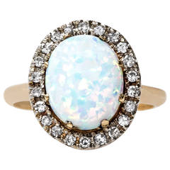 Dazzling Victorian Era Cabochon Dreamy Opal with Diamond Halo