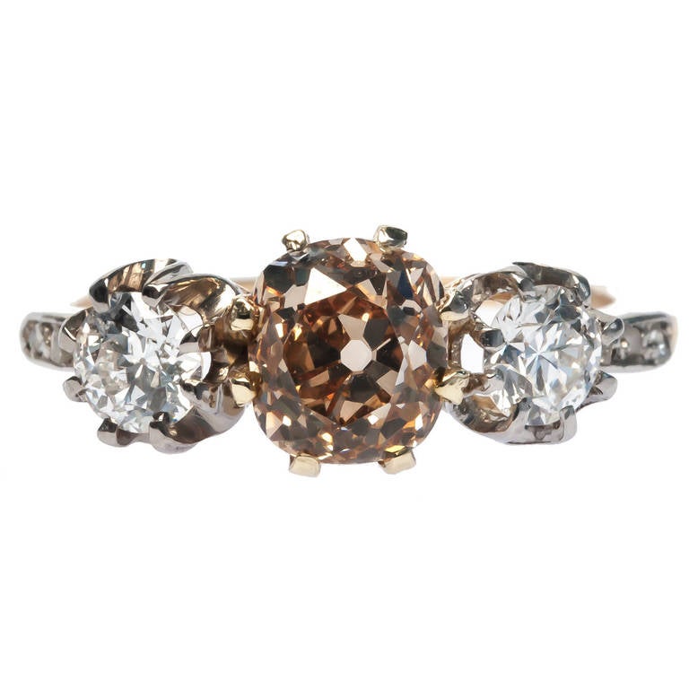 Victorian Fancy Brown-Yellow Diamond Gold Platinum Ring For Sale