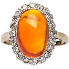 Antique Dazzling Edwardian Fire Opal Diamond Gold Platinum Topped Halo Ring