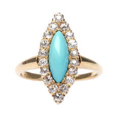 Striking Victorian Turquoise Diamond Gold Navette Ring