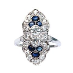 Classic Edwardian Sapphire Diamond Platinum Navette Ring