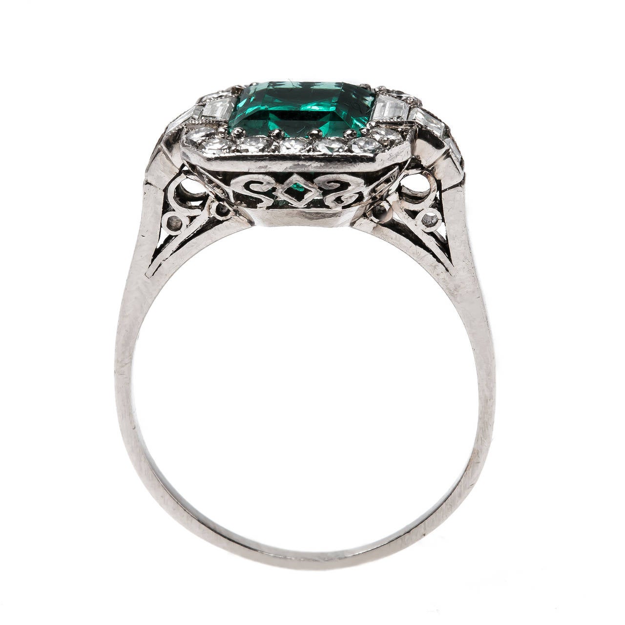 Women's Timeless Art Deco Emerald Diamond Platinum Engagement Ring