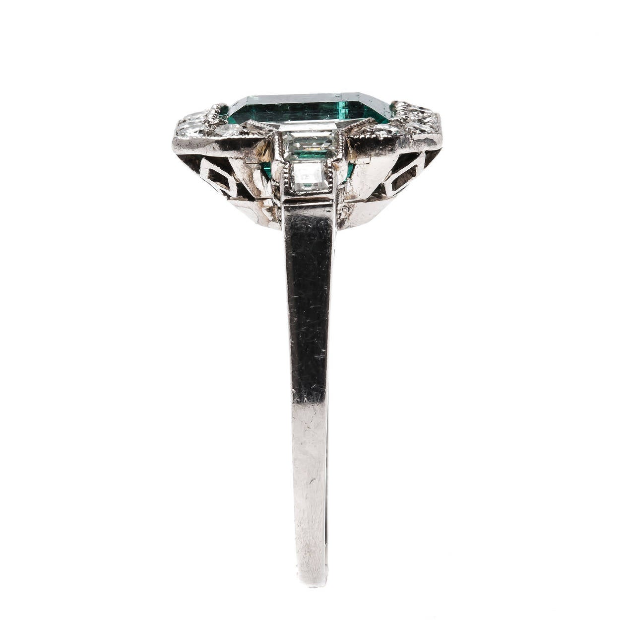 Timeless Art Deco Emerald Diamond Platinum Engagement Ring 1