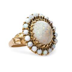 Show-Stopping Retro Era Cabochon Opal Cocktail Ring with Dazzling Opal Halo