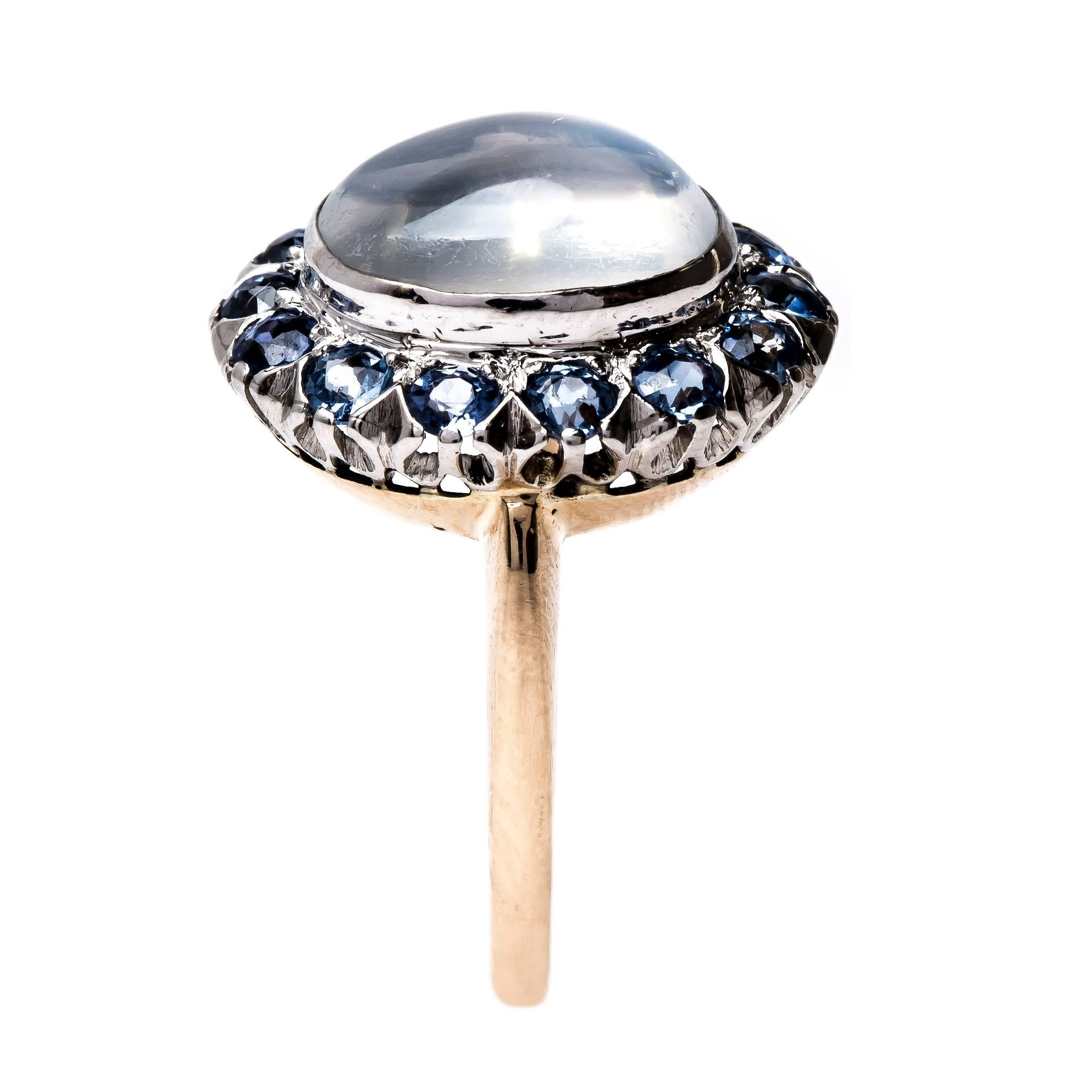Women's Late Art Deco Moonstone Natural Sapphire Halo Cocktail Ring For Sale