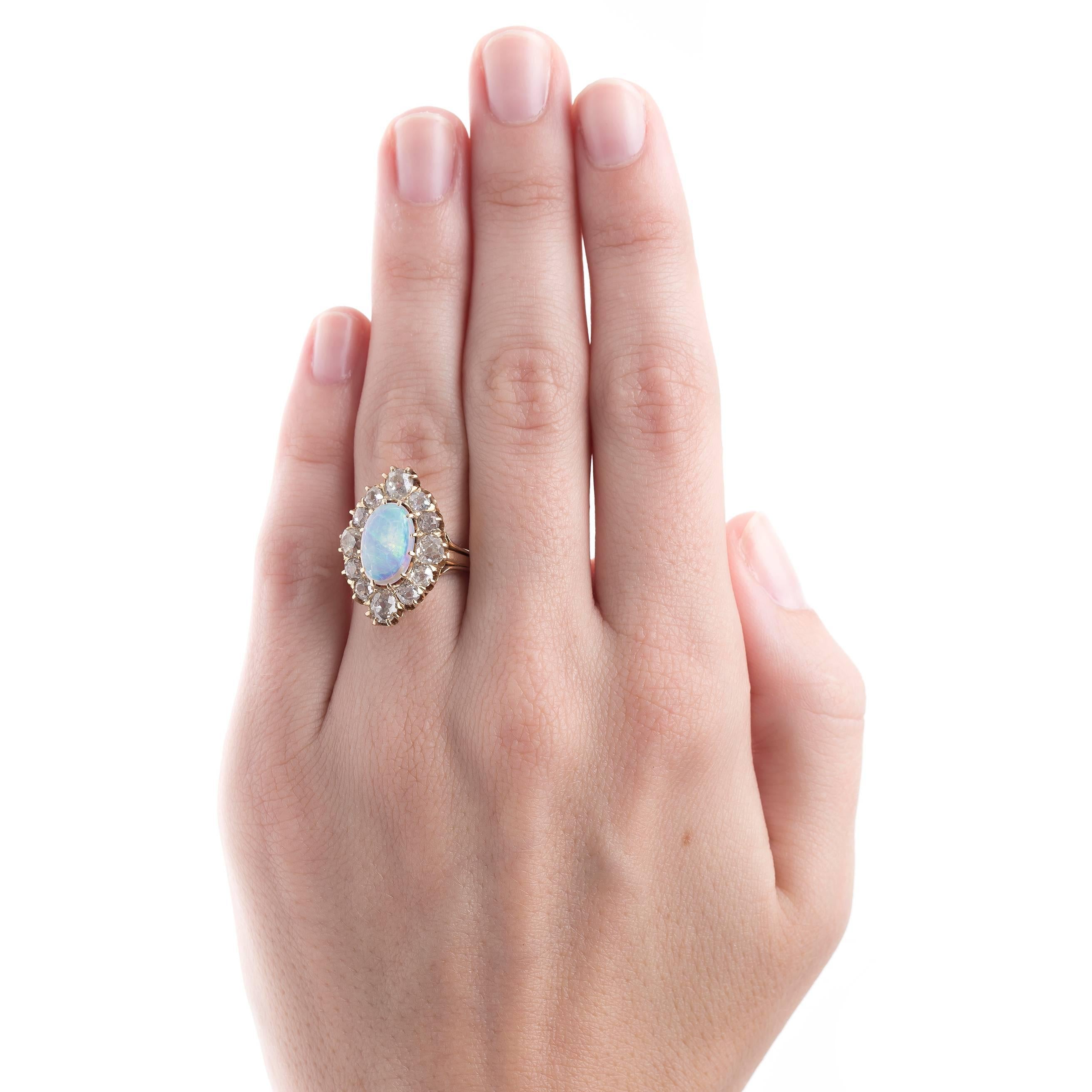 Victorian Bold Vintage Cocktail Ring with Oval Opal and Old Mine Cut Diamonds For Sale