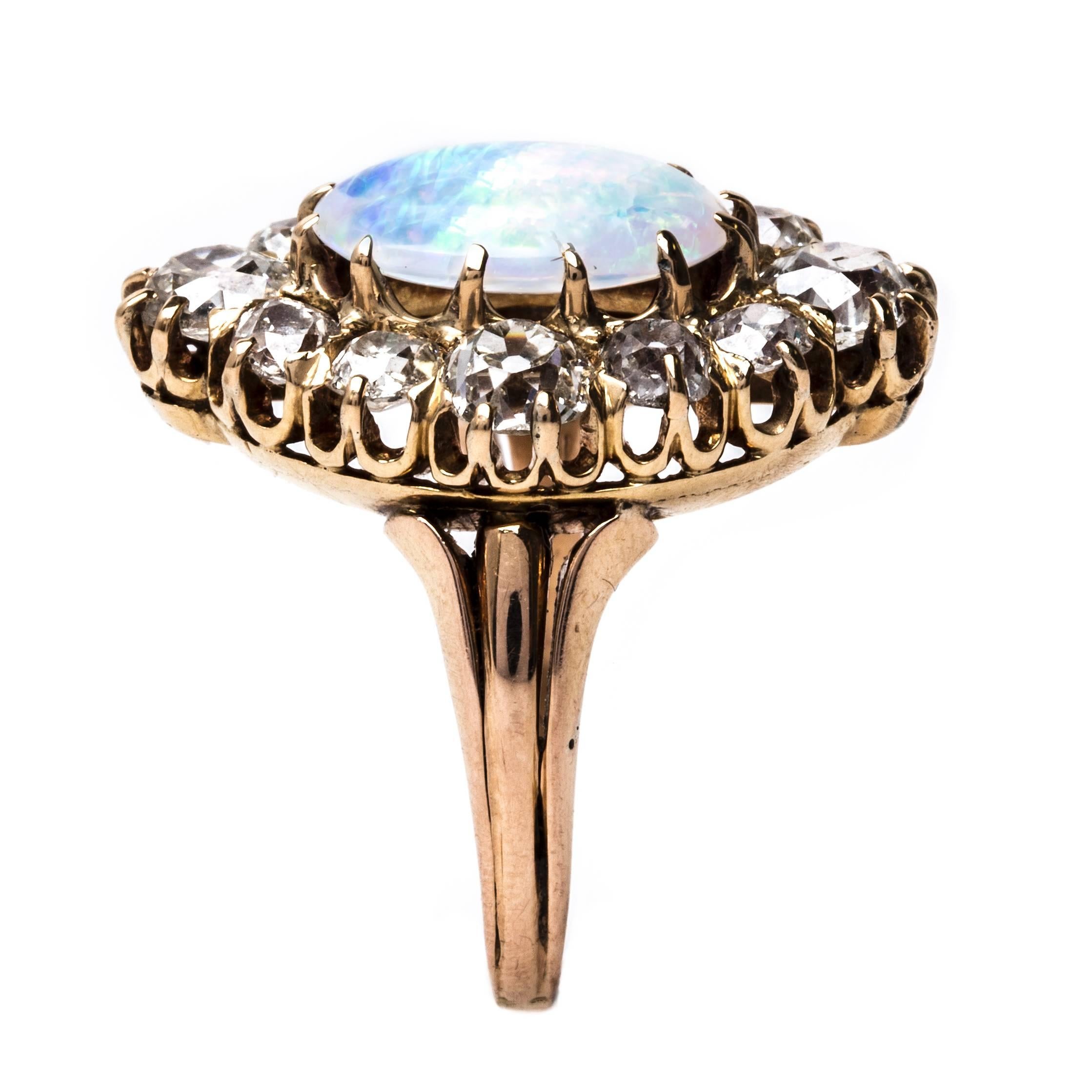 Women's Bold Vintage Cocktail Ring with Oval Opal and Old Mine Cut Diamonds For Sale