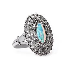 Bold Late Art Deco Opal Cocktail Ring with Fan Shaped Diamond Halo