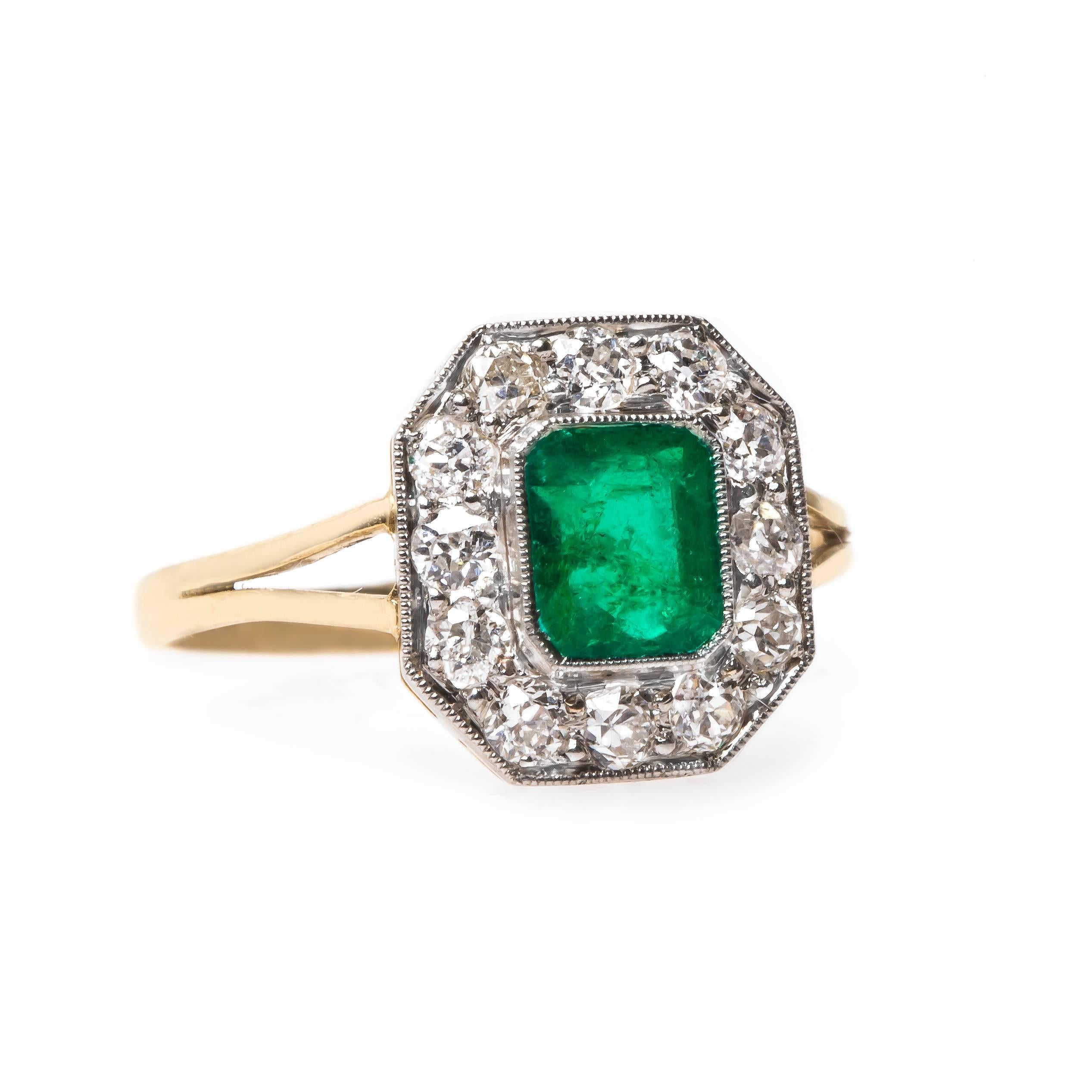 Bella Vista is a decadent authentic Art Deco era ring (circa 1920) that first came to Trumpet & Horn as an antique necklace. Our jeweler added a lovely handmade 18k yellow gold split shank. The platinum topped 18k yellow gold ring centers a single