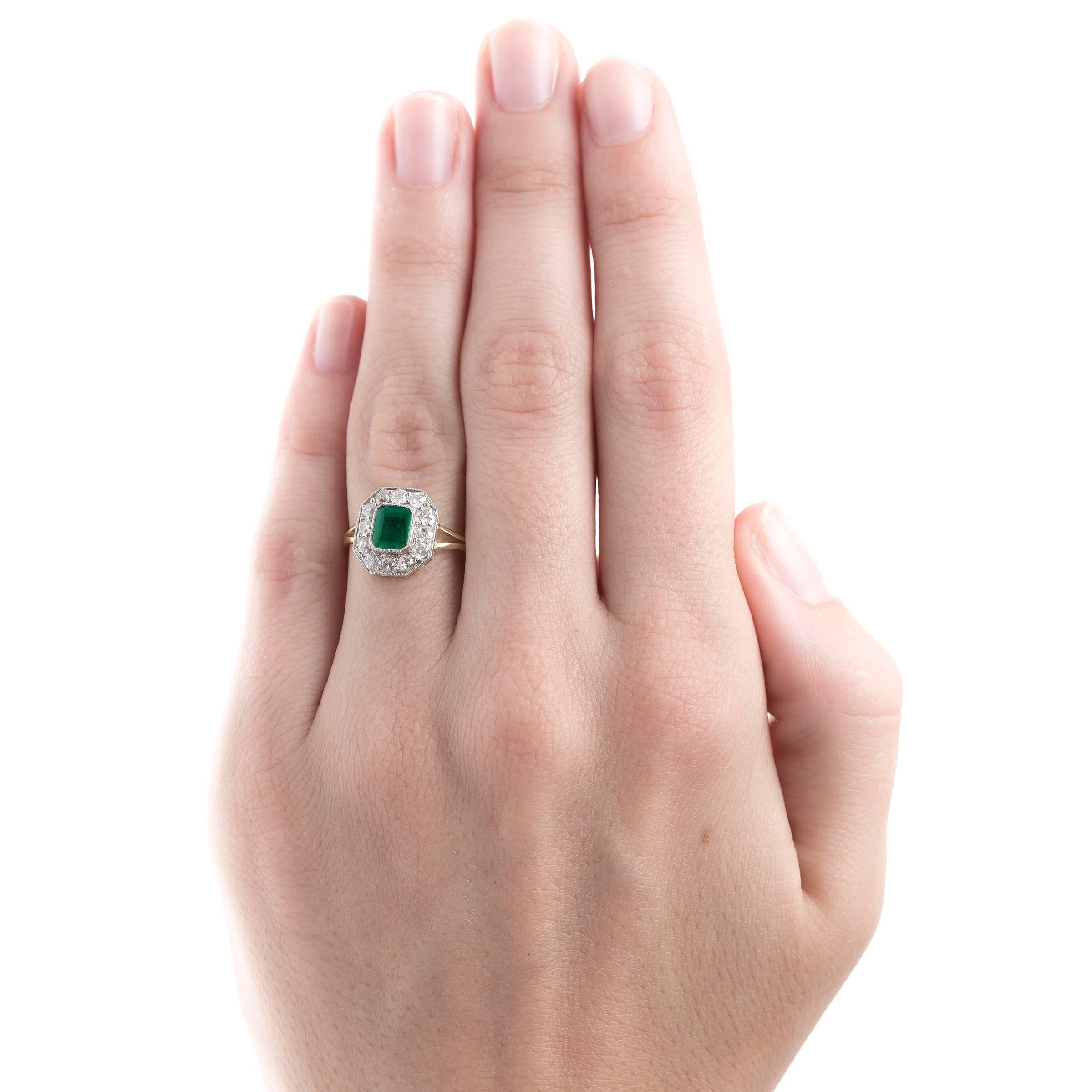 Decadent Art Deco Colombian Emerald Diamond Gold Engagement Ring In Excellent Condition In Los Angeles, CA
