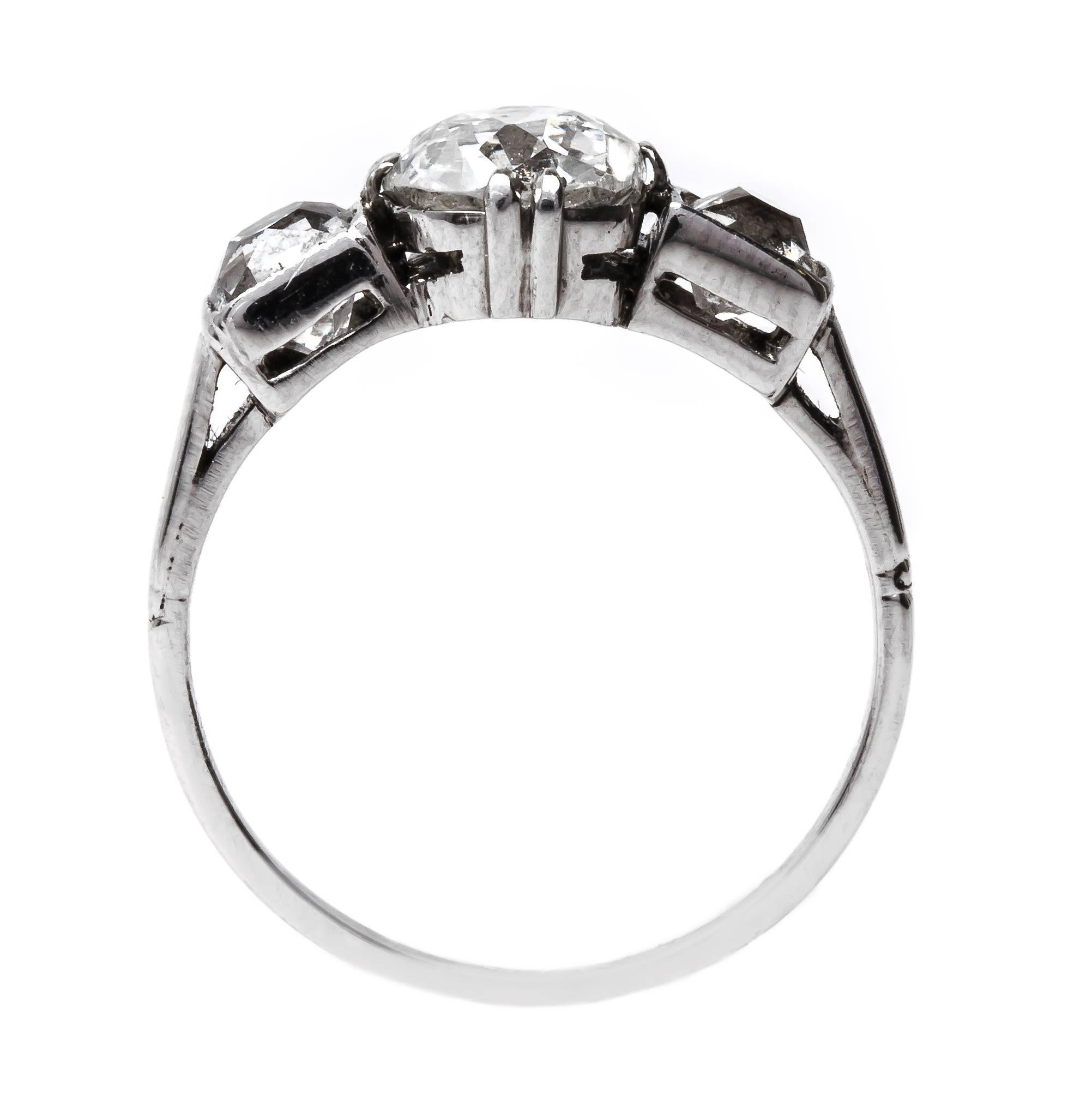Women's Classic Edwardian Old Mine Cut Diamond Platinum Three Stone Engagement Ring  For Sale