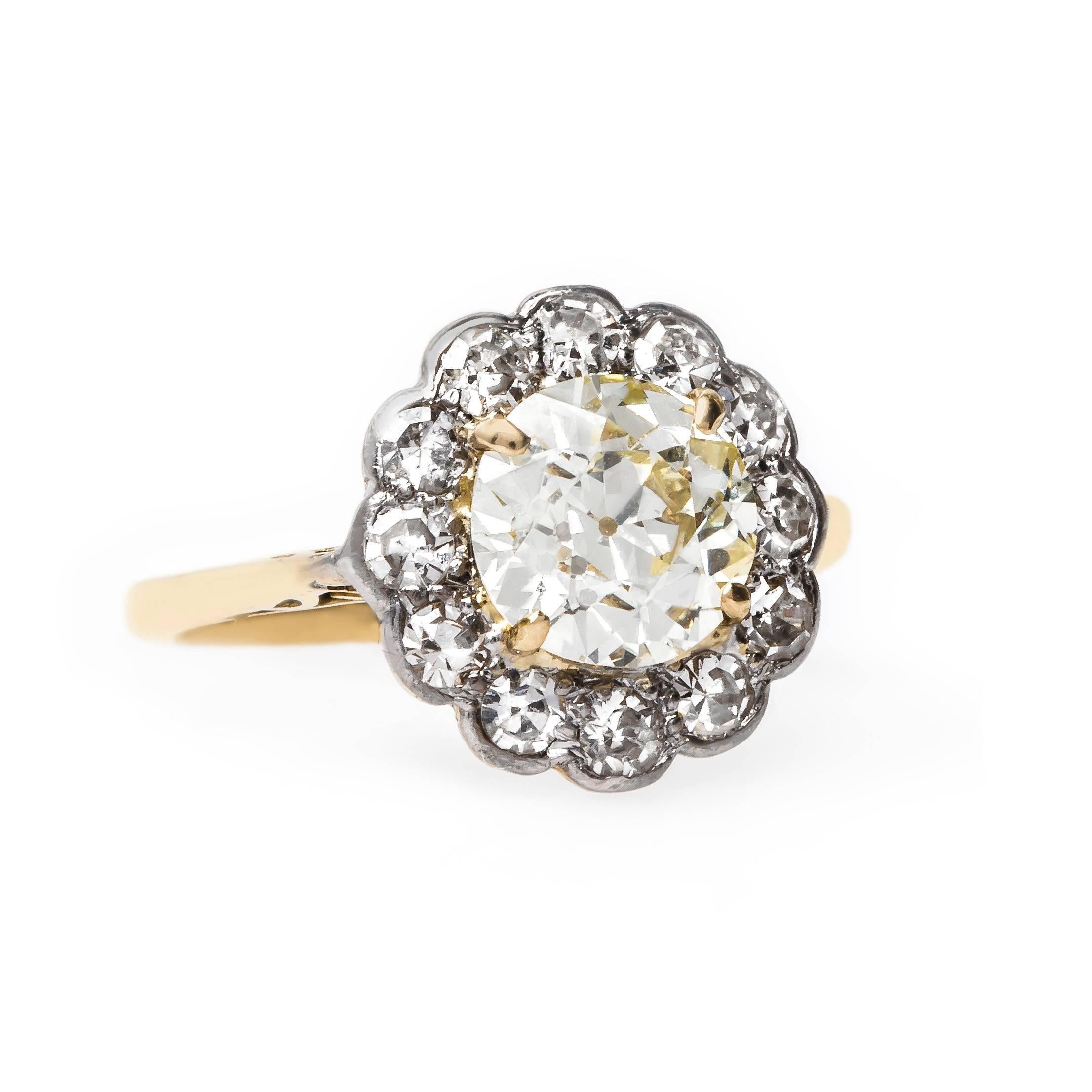 Silverwood is a remarkable and authentic Late Victorian era (circa 1895) engagement ring that is an absolute favorite here at Trumpet & Horn! This gorgeous platinum topped 18k yellow gold vintage ring radiates warm in color, centering an exquisite